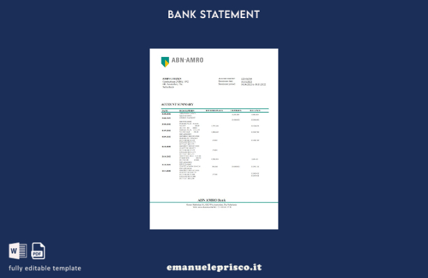 modello word di estratto conto bancario olandese ABN AMRO in stile verificato